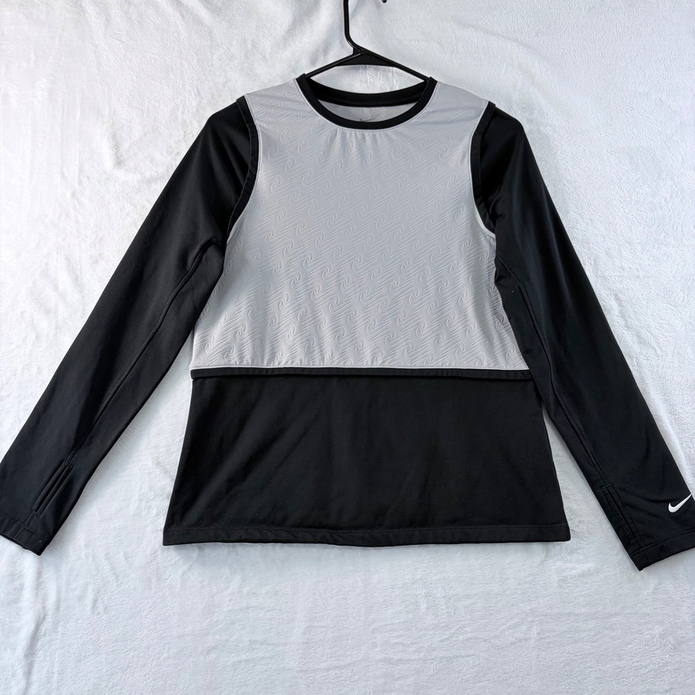 Nike Top Long Sleeve Dri-FIT Black Grey Embossed Swoosh Pattern‎ Large